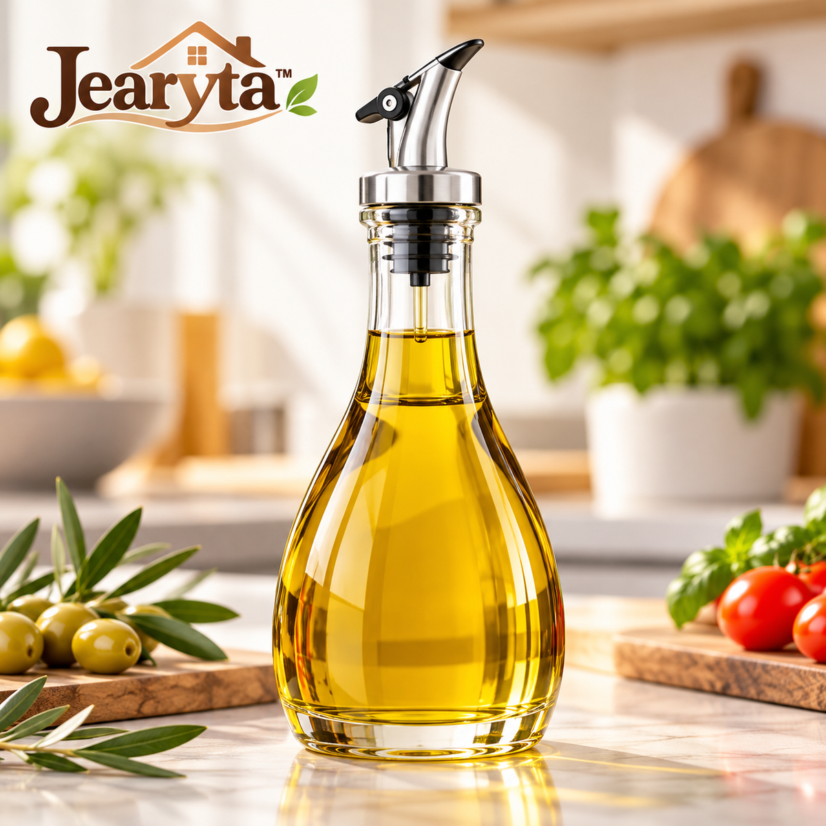 Jearyta™ Elegant Glass Olive Oil Dispenser Bottle – Modern Kitchen Oil & Vinegar Pourer with Stainless Steel Spout for Cooking, Salads & Everyday Food Preparation