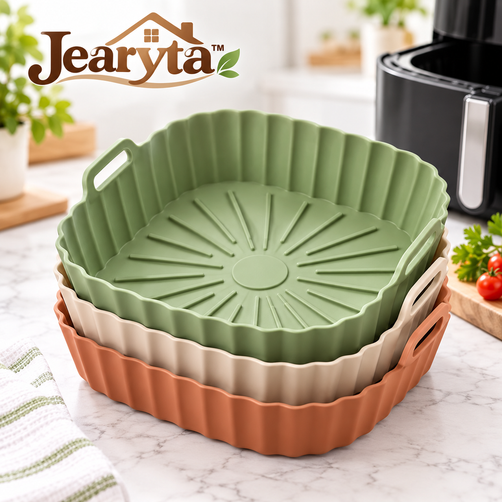 Jearyta™ Reusable Silicone Air Fryer Liners – Flexible Scalloped Cooking Basket Inserts with Raised Ridges, Built-In Handles & Modern Kitchen Colors