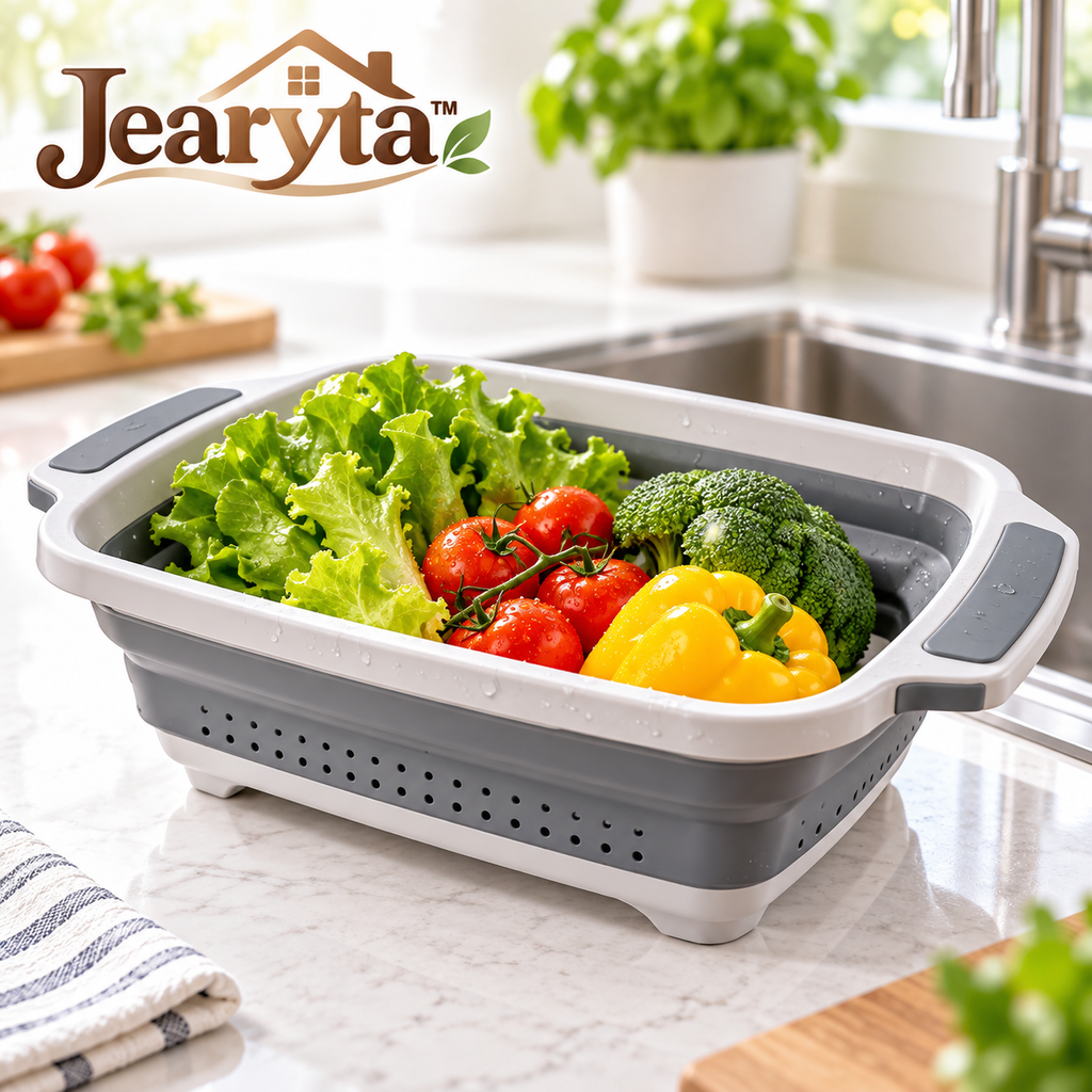 Jearyta™ Collapsible Kitchen Colander & Drain Basket – Space-Saving Foldable Vegetable Strainer with Drainage Holes and Comfortable Side Handles for Fruits, Vegetables & Everyday Meal Prep