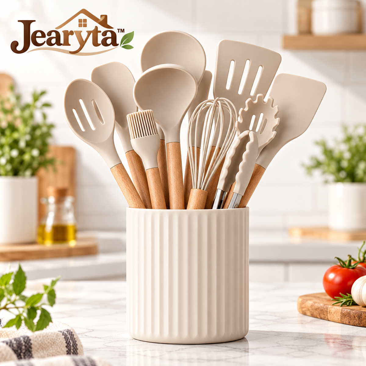 Jearyta™ Silicone Kitchen Utensil Set with Wooden Handles – Complete Everyday Cooking Tool Collection with Spatulas, Serving Spoons, Whisk, Tongs, Basting Brush & Decorative Countertop Holder