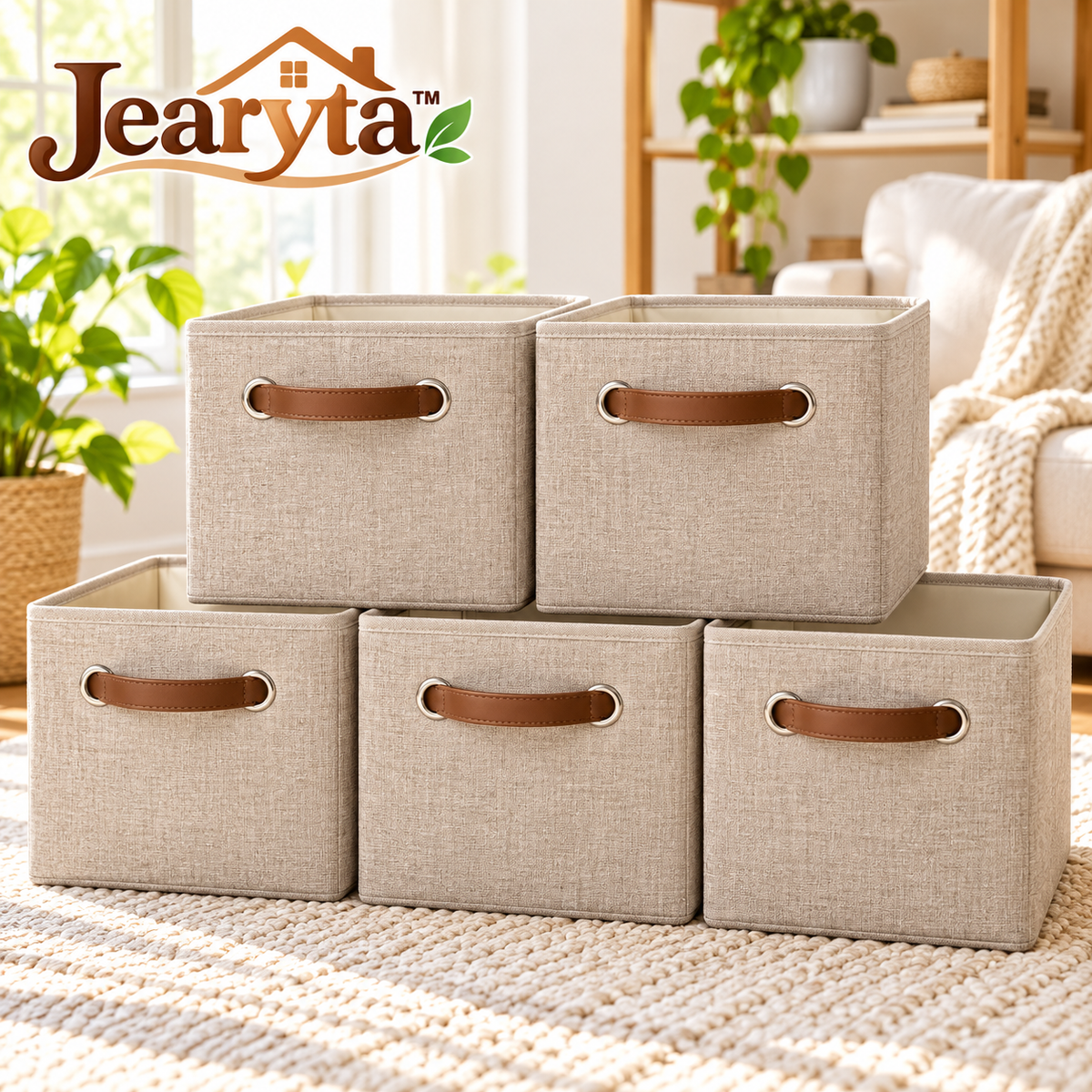 Jearyta™ Foldable Fabric Storage Bins – Decorative Linen-Look Storage Baskets with Reinforced Leather-Look Handles for Closet Shelves, Living Rooms, Bedrooms & Everyday Home Organization