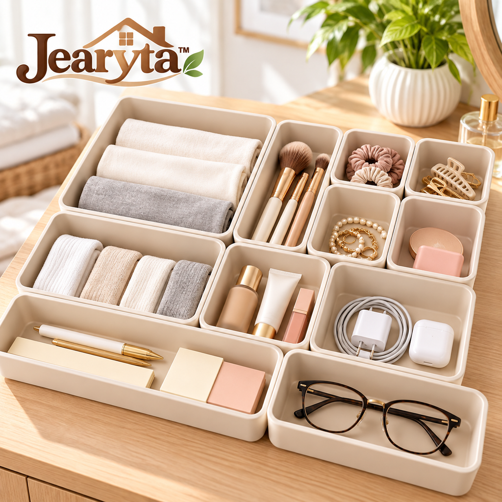Jearyta™ Modular Drawer Organizer Tray Set – Multi-Size Cream Storage Containers for Makeup, Jewelry, Hair Accessories, Office Supplies, Charging Cables & Everyday Essentials