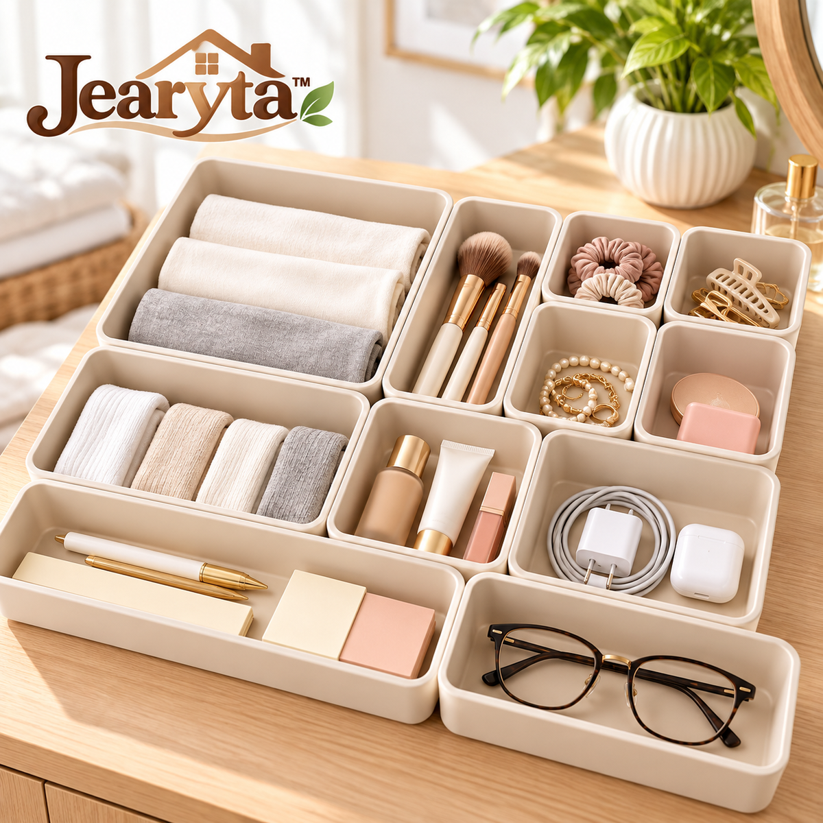 Jearyta™ Modular Drawer Organizer Tray Set – Multi-Size Cream Storage Containers for Makeup, Jewelry, Hair Accessories, Office Supplies, Charging Cables & Everyday Essentials