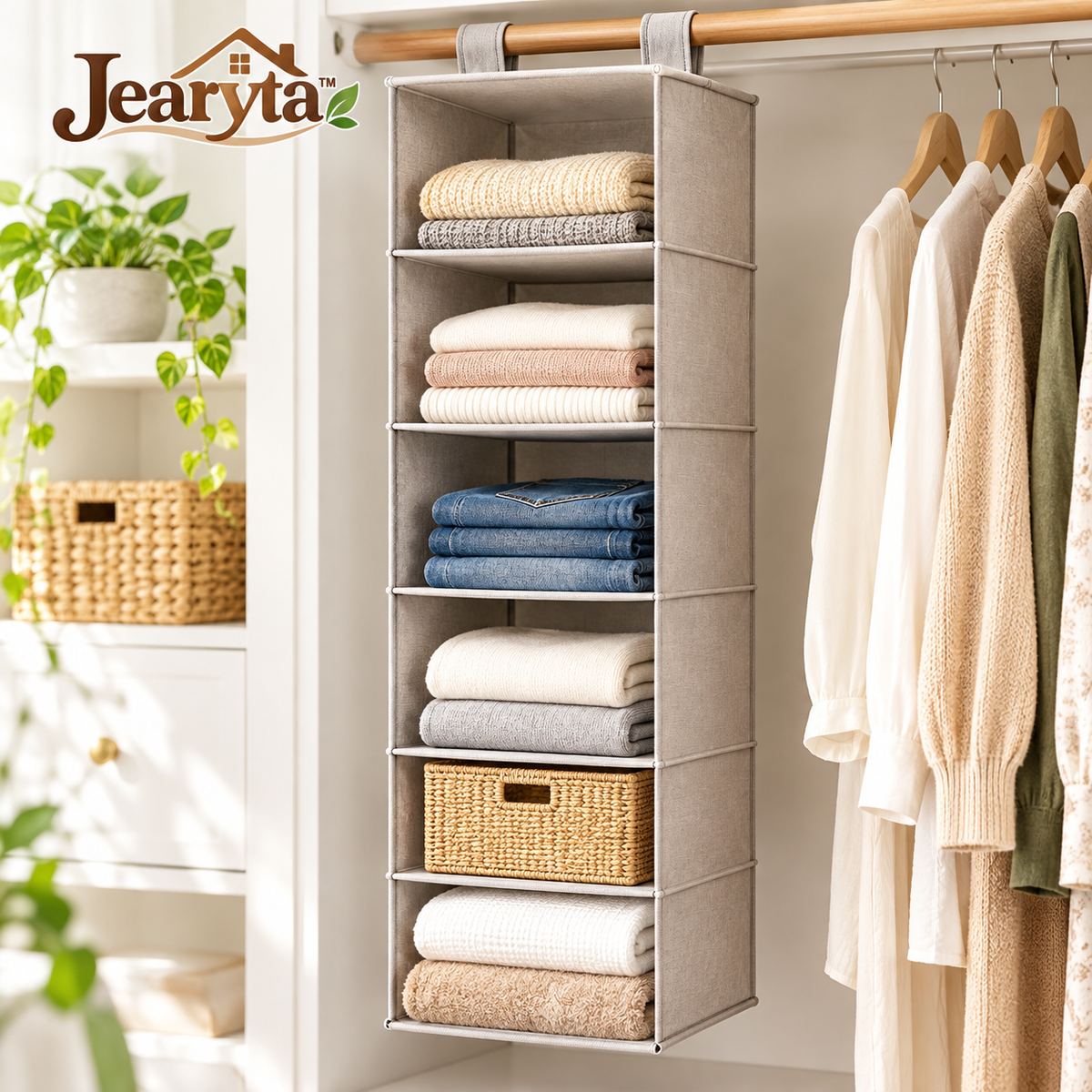 Jearyta™ Hanging Closet Shelf Organizer – Multi-Tier Fabric Wardrobe Storage with Open Compartments for Sweaters, Jeans, Towels, Folded Clothing & Bedroom Accessories
