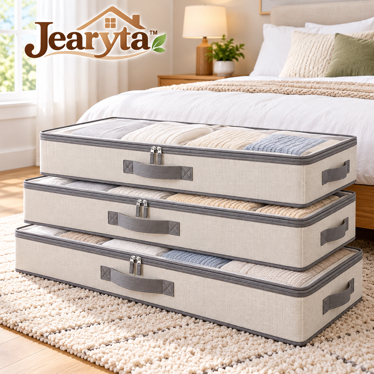 Jearyta™ Under Bed Storage Organizer Bags – Low-Profile Zippered Fabric Storage Containers with Clear Viewing Windows and Carry Handles for Blankets, Bedding, Sweaters & Seasonal Clothing