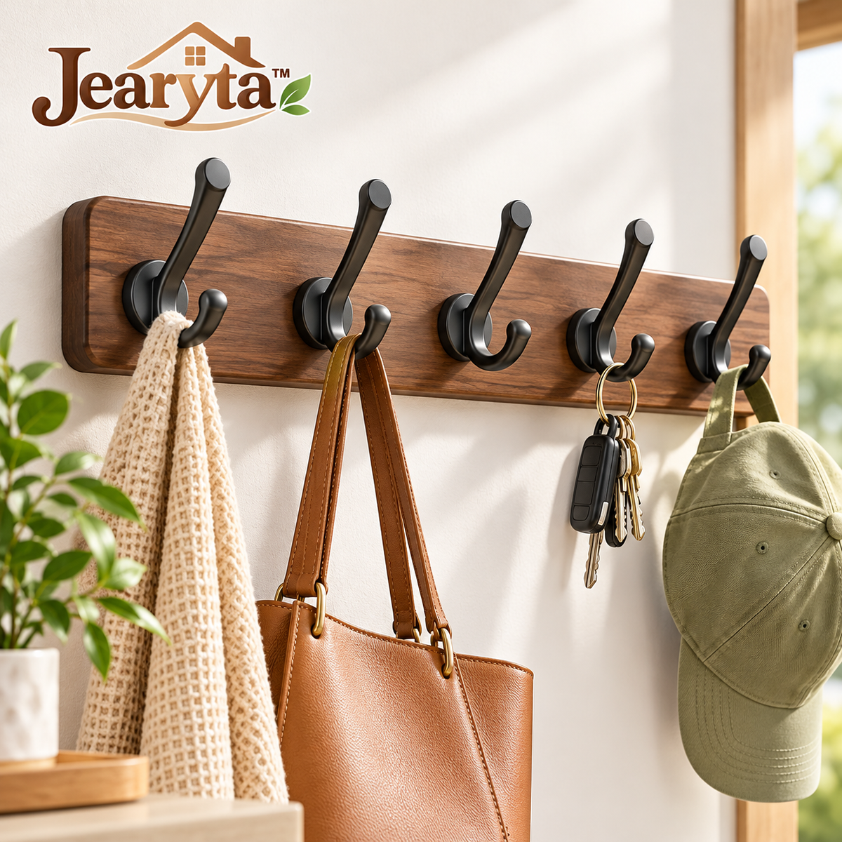 Jearyta™ Wooden Wall-Mounted Coat Hook Rack – Rustic Modern Five Double-Hook Entryway Organizer with Dark Metal Hooks for Jackets, Handbags, Hats, Keys, Towels & Household Accessories