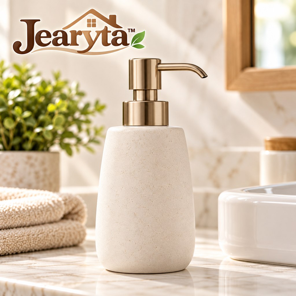Jearyta™ Elegant Ceramic-Look Soap Dispenser – Refillable Decorative Hand Soap & Lotion Pump Bottle with Brushed Gold Finish for Bathroom Vanities, Kitchen Sinks & Modern Home Décor
