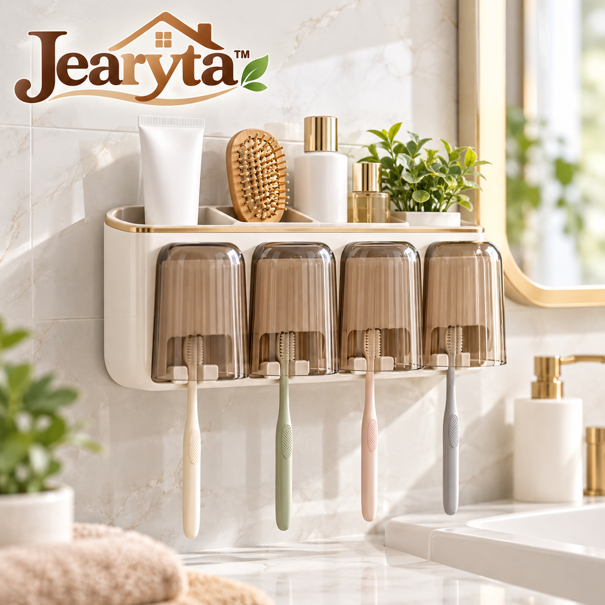 Jearyta™ Wall-Mounted Toothbrush Holder Organizer – Modern Bathroom Storage Rack with Four Inverted Cups, Toothbrush Compartments & Upper Toiletry Shelf for Family Bathroom Organization
