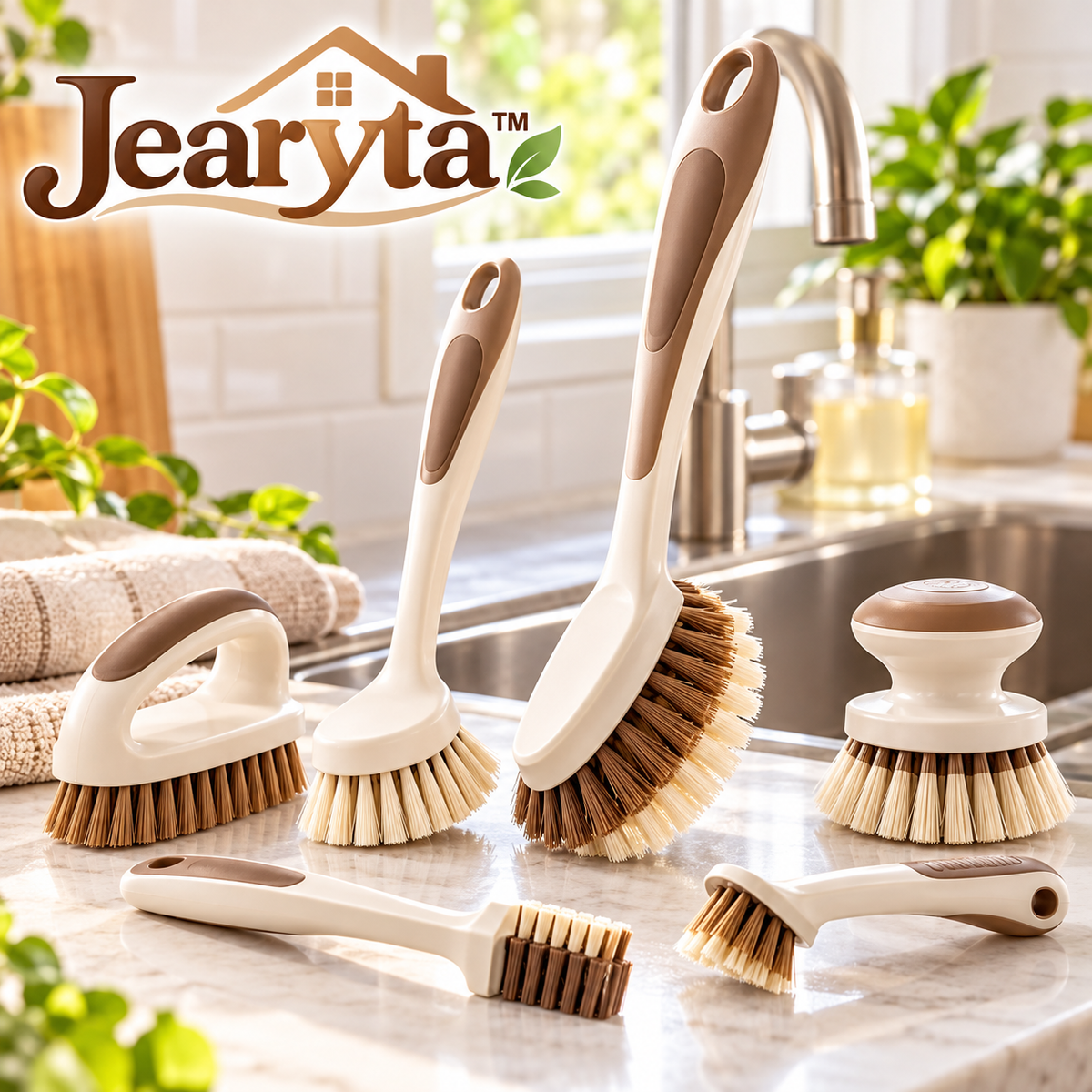 Jearyta™ Multi-Purpose Household Cleaning Brush Set – Ergonomic Scrubbing Brush Collection with Long Handles, Handheld Scrubbers & Detail Brushes for Kitchen Sinks, Bathroom Tiles, Corners & Everyday Home Cleaning