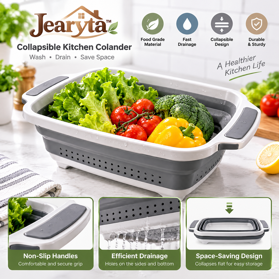 Jearyta™ Collapsible Kitchen Colander & Drain Basket – Space-Saving Foldable Vegetable Strainer with Drainage Holes and Comfortable Side Handles for Fruits, Vegetables & Everyday Meal Prep