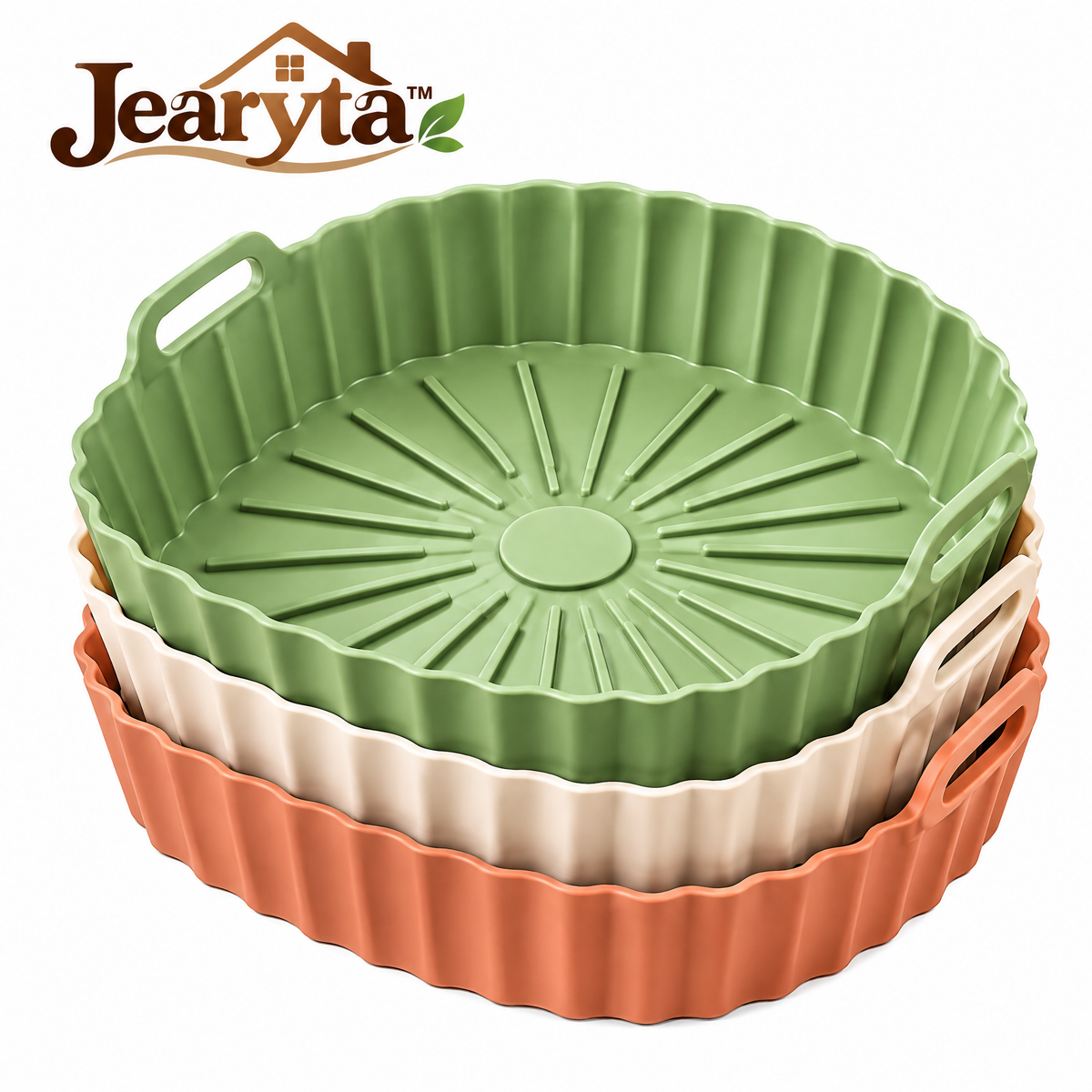 Jearyta™ Reusable Silicone Air Fryer Liners – Flexible Scalloped Cooking Basket Inserts with Raised Ridges, Built-In Handles & Modern Kitchen Colors
