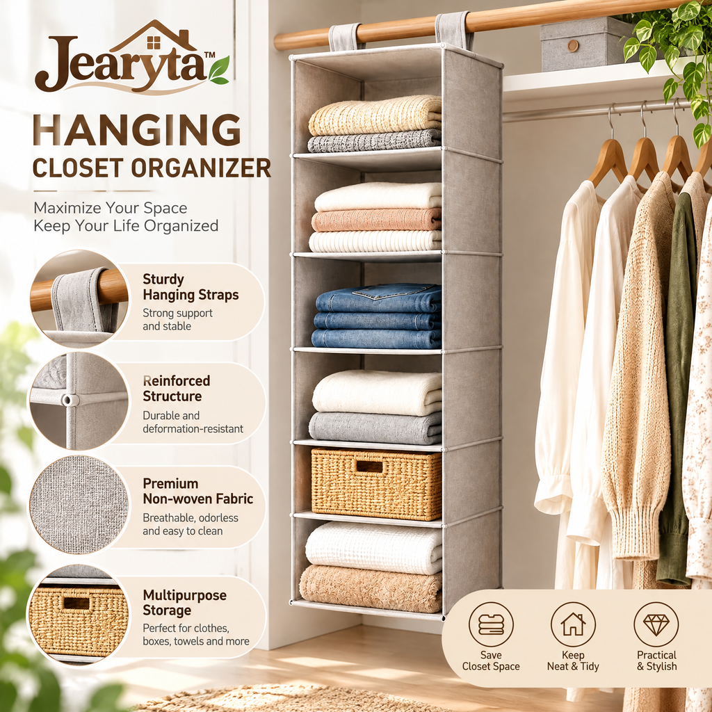Jearyta™ Hanging Closet Shelf Organizer – Multi-Tier Fabric Wardrobe Storage with Open Compartments for Sweaters, Jeans, Towels, Folded Clothing & Bedroom Accessories