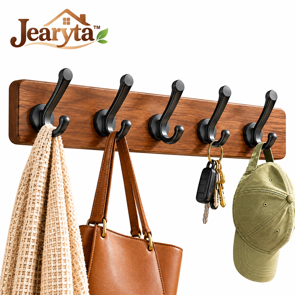Jearyta™ Wooden Wall-Mounted Coat Hook Rack – Rustic Modern Five Double-Hook Entryway Organizer with Dark Metal Hooks for Jackets, Handbags, Hats, Keys, Towels & Household Accessories