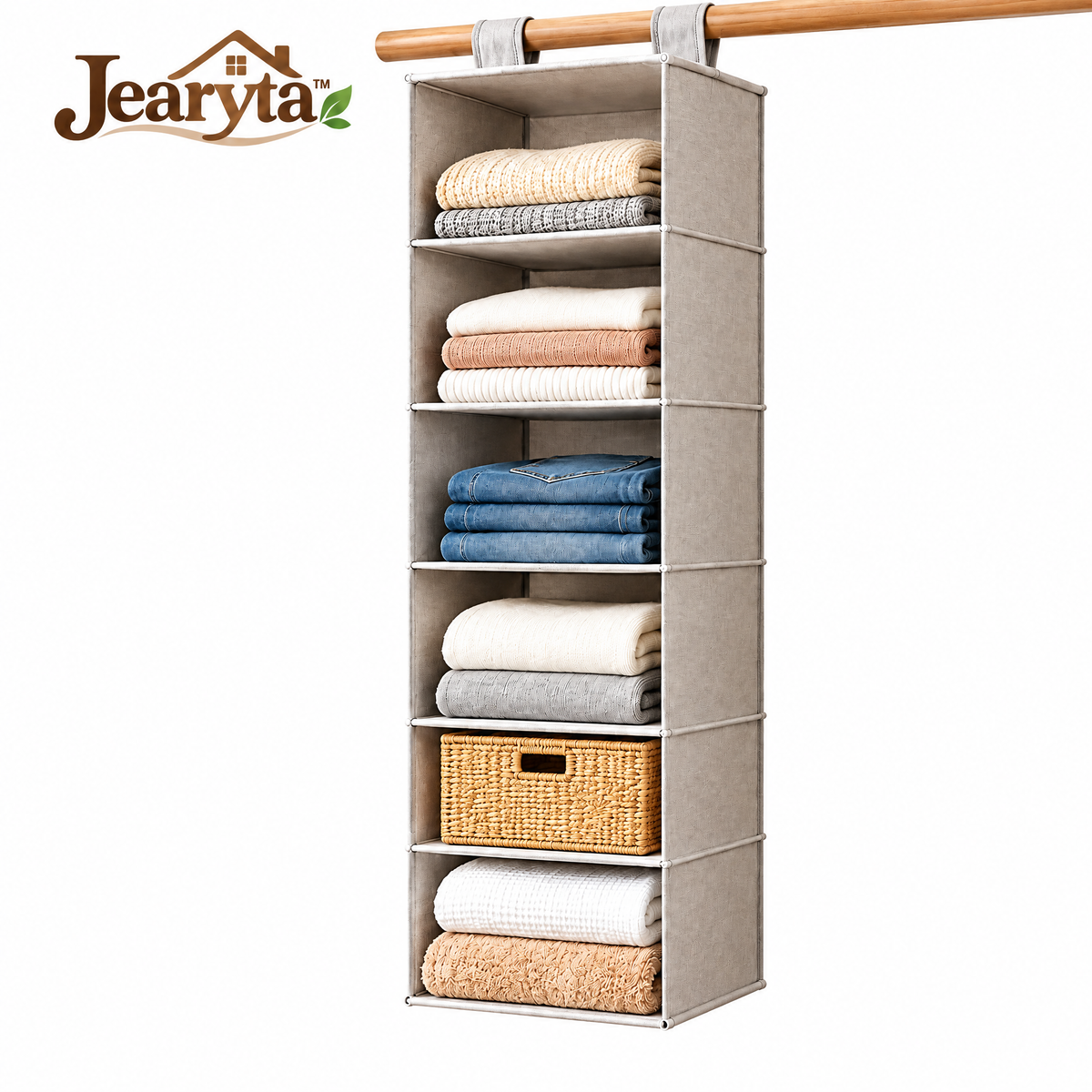 Jearyta™ Hanging Closet Shelf Organizer – Multi-Tier Fabric Wardrobe Storage with Open Compartments for Sweaters, Jeans, Towels, Folded Clothing & Bedroom Accessories