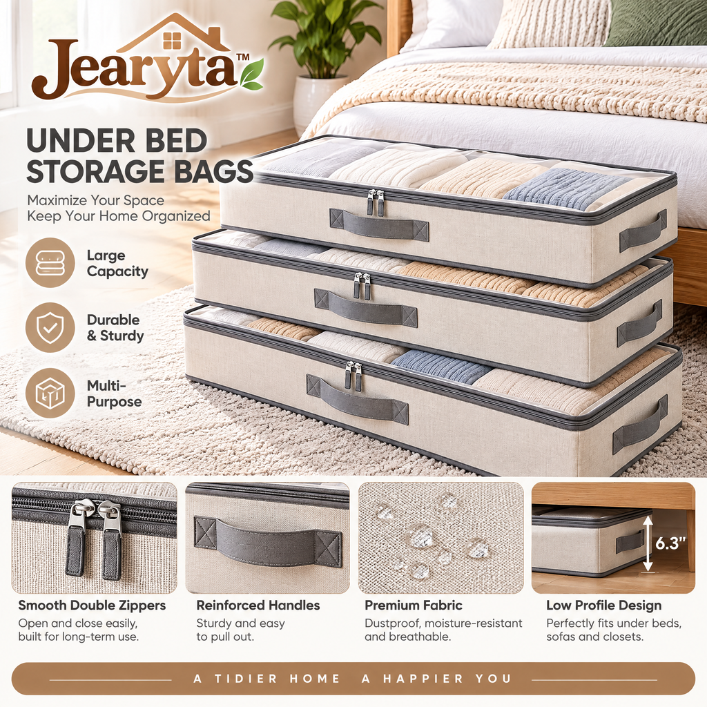Jearyta™ Under Bed Storage Organizer Bags – Low-Profile Zippered Fabric Storage Containers with Clear Viewing Windows and Carry Handles for Blankets, Bedding, Sweaters & Seasonal Clothing