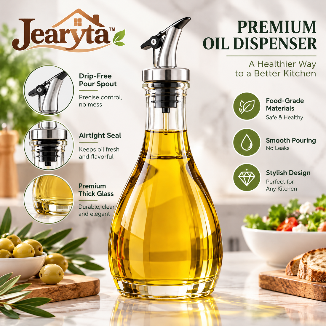 Jearyta™ Elegant Glass Olive Oil Dispenser Bottle – Modern Kitchen Oil & Vinegar Pourer with Stainless Steel Spout for Cooking, Salads & Everyday Food Preparation
