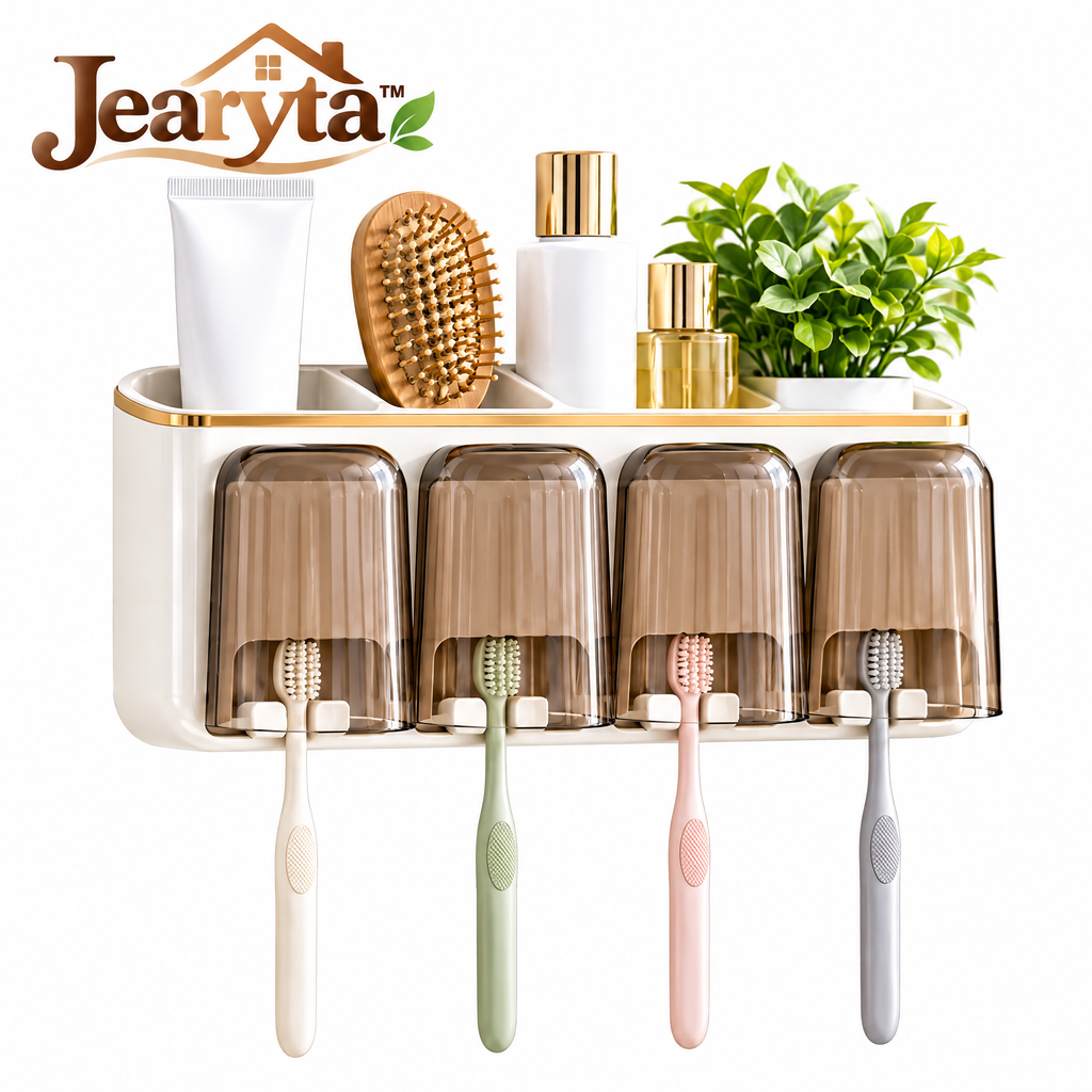 Jearyta™ Wall-Mounted Toothbrush Holder Organizer – Modern Bathroom Storage Rack with Four Inverted Cups, Toothbrush Compartments & Upper Toiletry Shelf for Family Bathroom Organization