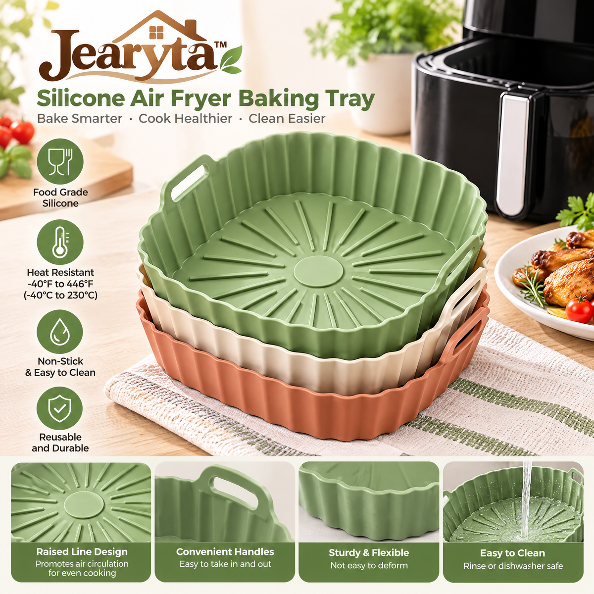 Jearyta™ Reusable Silicone Air Fryer Liners – Flexible Scalloped Cooking Basket Inserts with Raised Ridges, Built-In Handles & Modern Kitchen Colors