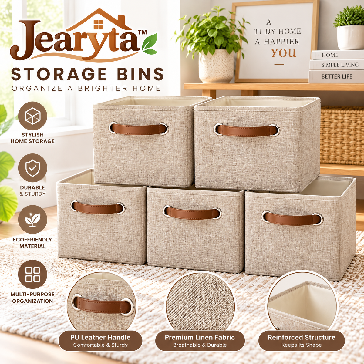 Jearyta™ Foldable Fabric Storage Bins – Decorative Linen-Look Storage Baskets with Reinforced Leather-Look Handles for Closet Shelves, Living Rooms, Bedrooms & Everyday Home Organization