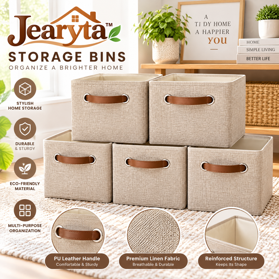 Jearyta™ Foldable Fabric Storage Bins – Decorative Linen-Look Storage Baskets with Reinforced Leather-Look Handles for Closet Shelves, Living Rooms, Bedrooms & Everyday Home Organization