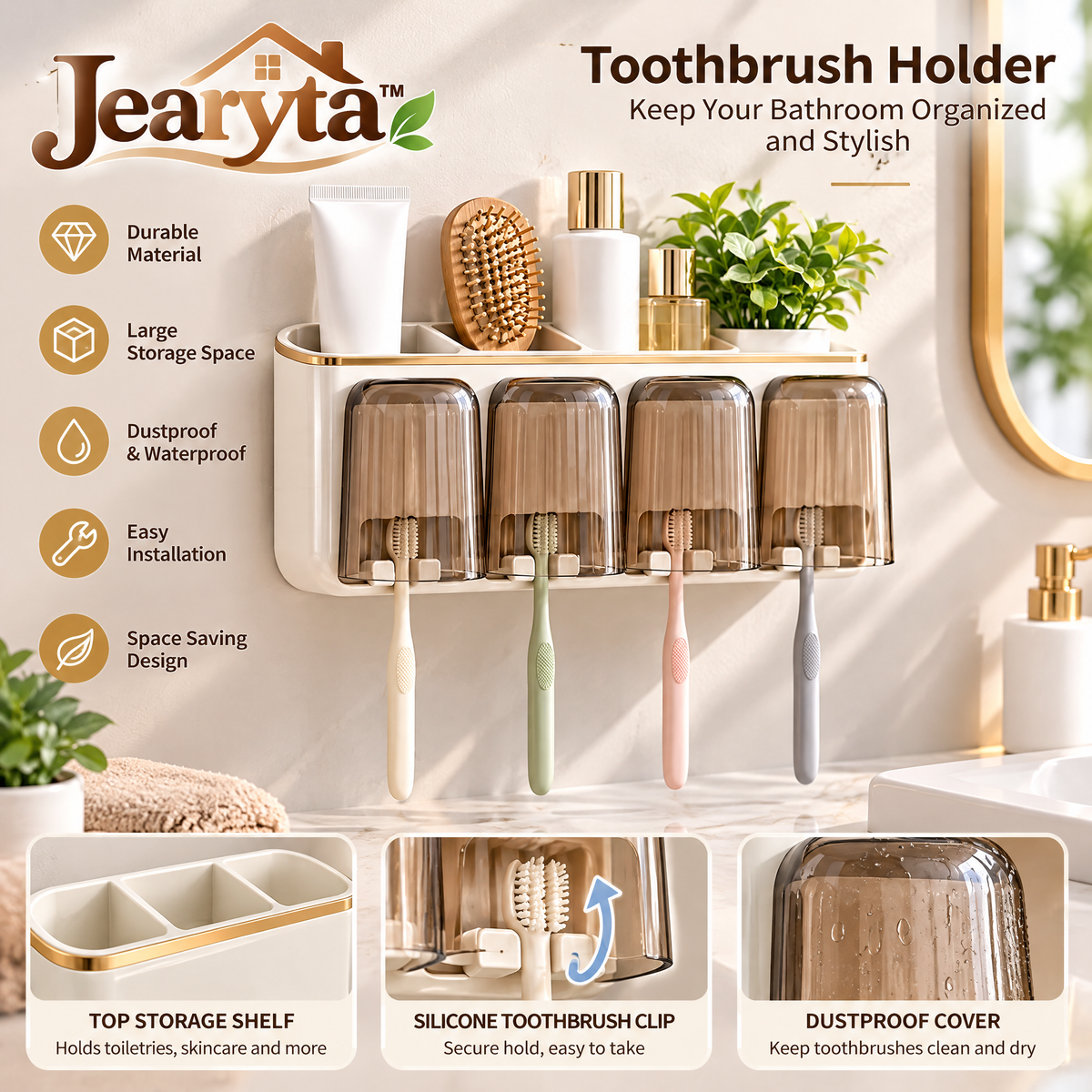 Jearyta™ Wall-Mounted Toothbrush Holder Organizer – Modern Bathroom Storage Rack with Four Inverted Cups, Toothbrush Compartments & Upper Toiletry Shelf for Family Bathroom Organization