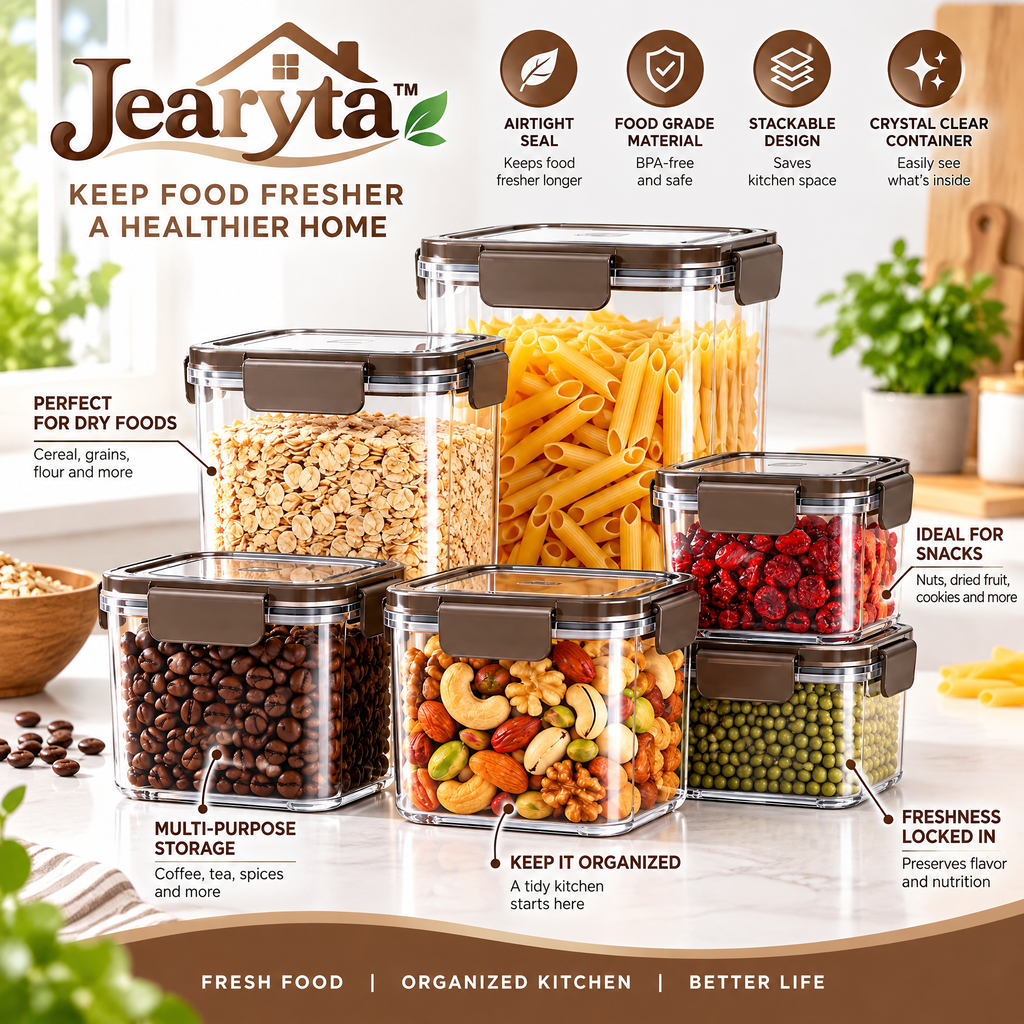 Jearyta™ Clear Airtight-Style Food Storage Container Set – Stackable Pantry Storage Organizers with Snap-Lock Lids for Pasta, Cereal, Coffee Beans, Nuts, Grains & Dry Food Essentials