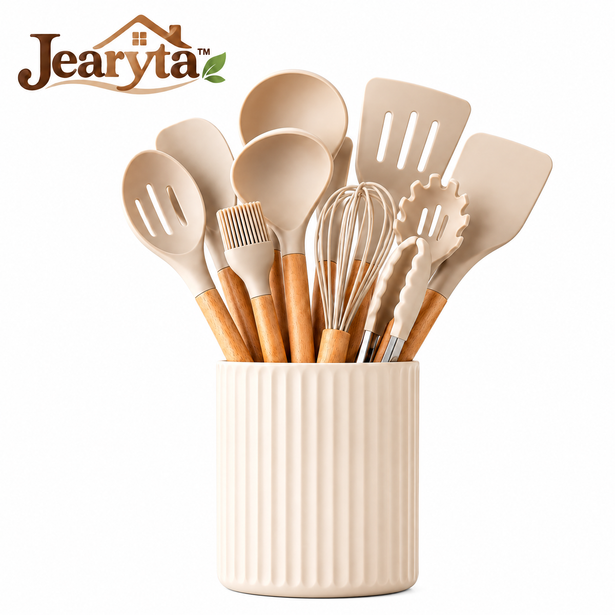 Jearyta™ Silicone Kitchen Utensil Set with Wooden Handles – Complete Everyday Cooking Tool Collection with Spatulas, Serving Spoons, Whisk, Tongs, Basting Brush & Decorative Countertop Holder