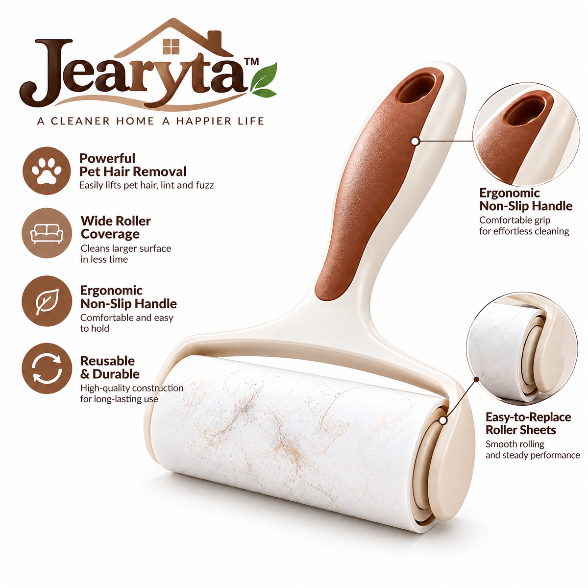 Jearyta™ Everyday Pet Hair & Lint Roller – Ergonomic Adhesive-Style Fabric Cleaning Roller for Sofas, Clothing, Upholstery, Blankets, Cushions & Household Pet Hair Removal