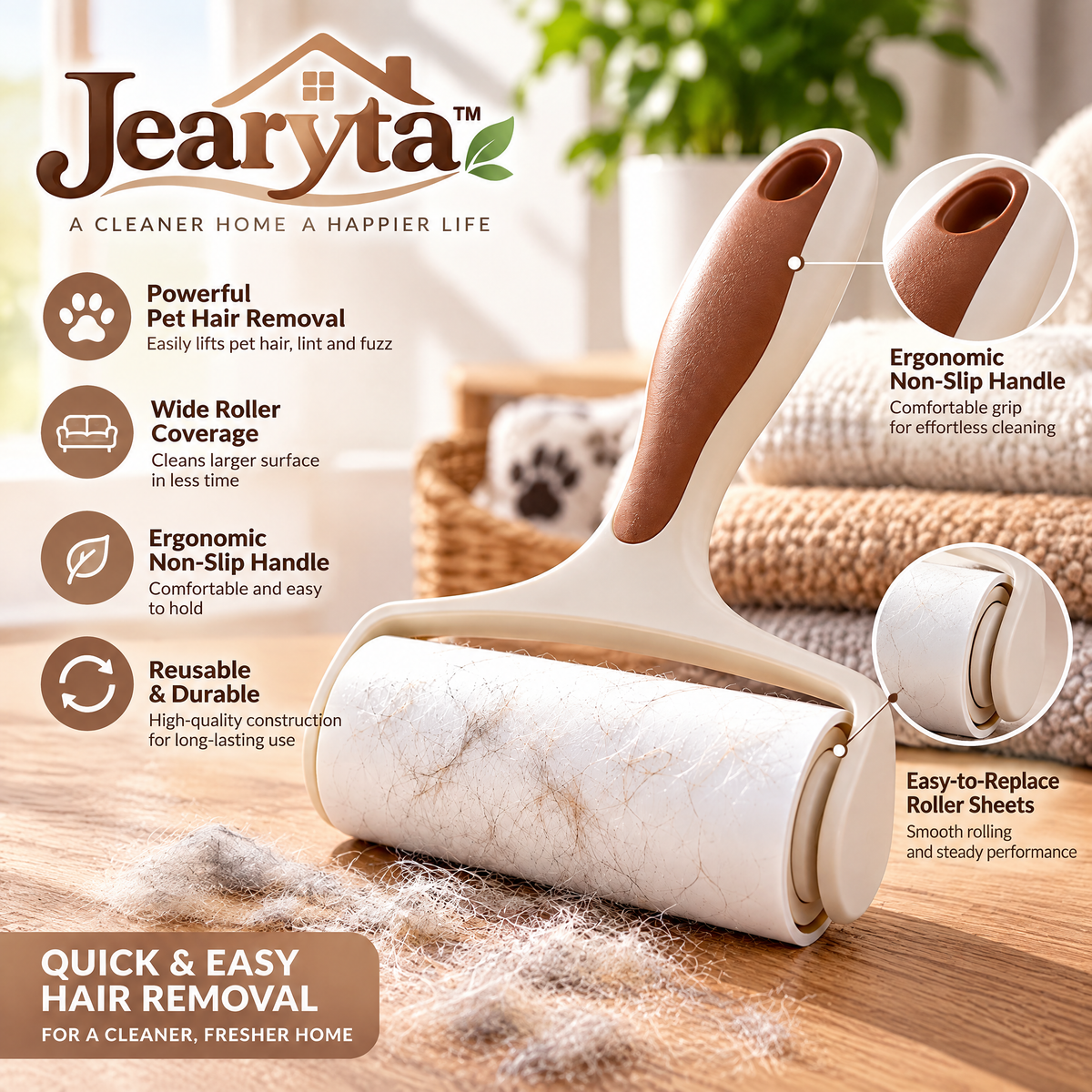Jearyta™ Everyday Pet Hair & Lint Roller – Ergonomic Adhesive-Style Fabric Cleaning Roller for Sofas, Clothing, Upholstery, Blankets, Cushions & Household Pet Hair Removal