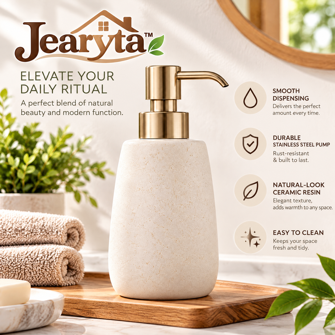 Jearyta™ Elegant Ceramic-Look Soap Dispenser – Refillable Decorative Hand Soap & Lotion Pump Bottle with Brushed Gold Finish for Bathroom Vanities, Kitchen Sinks & Modern Home Décor