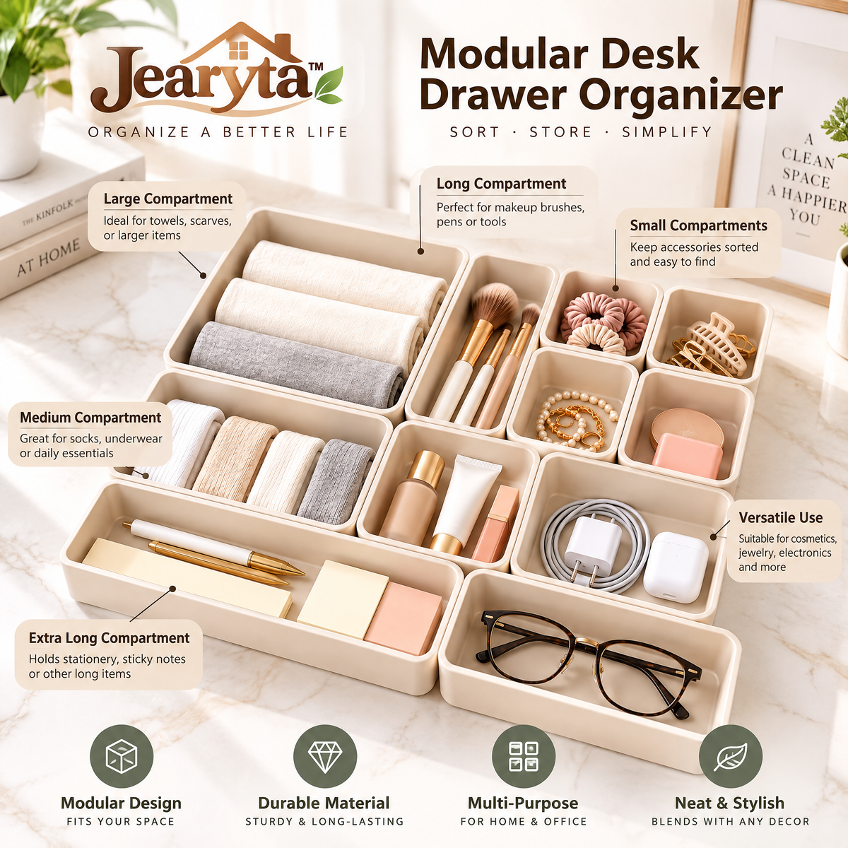 Jearyta™ Modular Drawer Organizer Tray Set – Multi-Size Cream Storage Containers for Makeup, Jewelry, Hair Accessories, Office Supplies, Charging Cables & Everyday Essentials