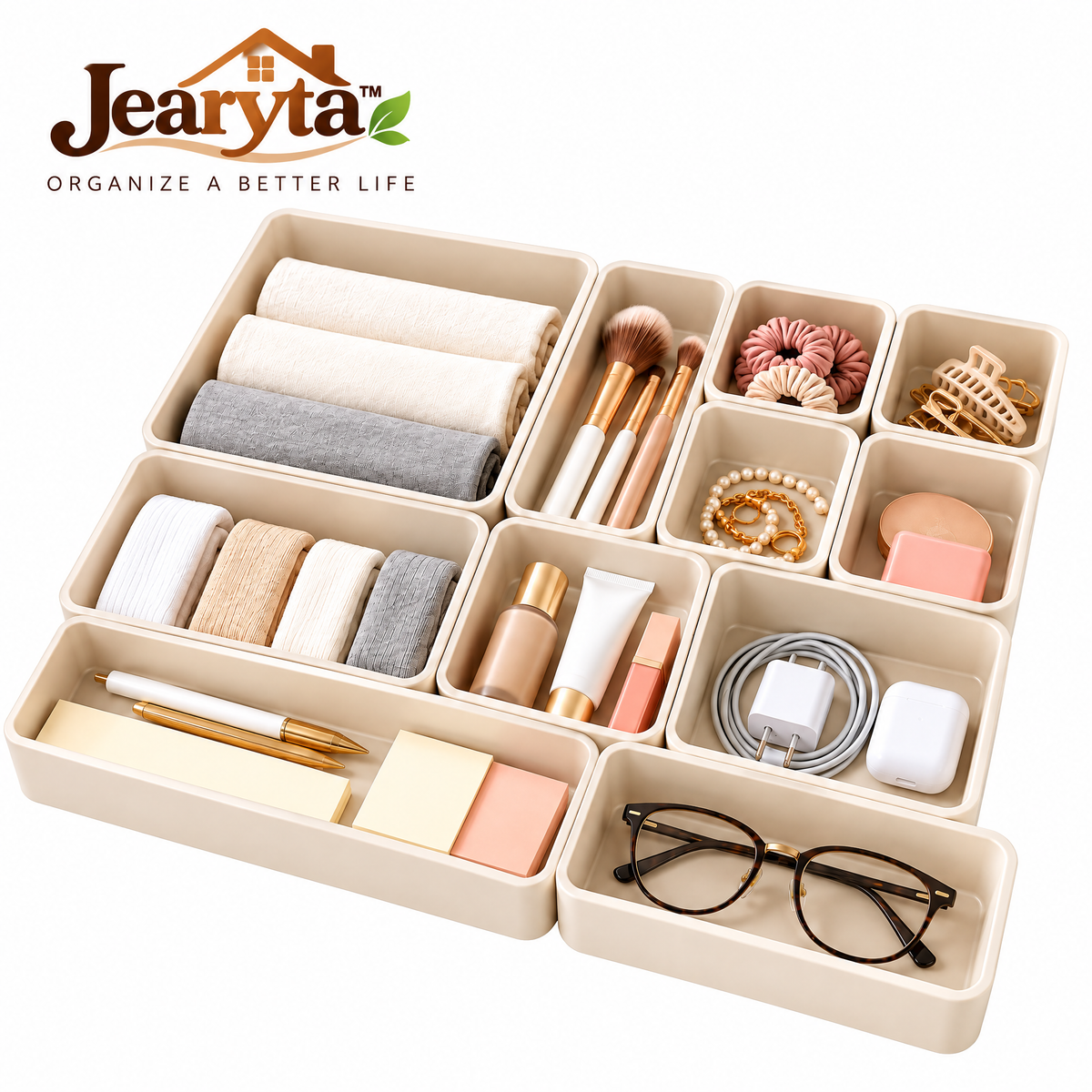 Jearyta™ Modular Drawer Organizer Tray Set – Multi-Size Cream Storage Containers for Makeup, Jewelry, Hair Accessories, Office Supplies, Charging Cables & Everyday Essentials