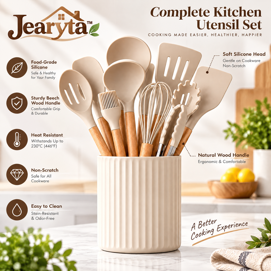 Jearyta™ Silicone Kitchen Utensil Set with Wooden Handles – Complete Everyday Cooking Tool Collection with Spatulas, Serving Spoons, Whisk, Tongs, Basting Brush & Decorative Countertop Holder