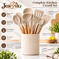Jearyta™ Silicone Kitchen Utensil Set with Wooden Handles – Complete Everyday Cooking Tool Collection with Spatulas, Serving Spoons, Whisk, Tongs, Basting Brush & Decorative Countertop Holder