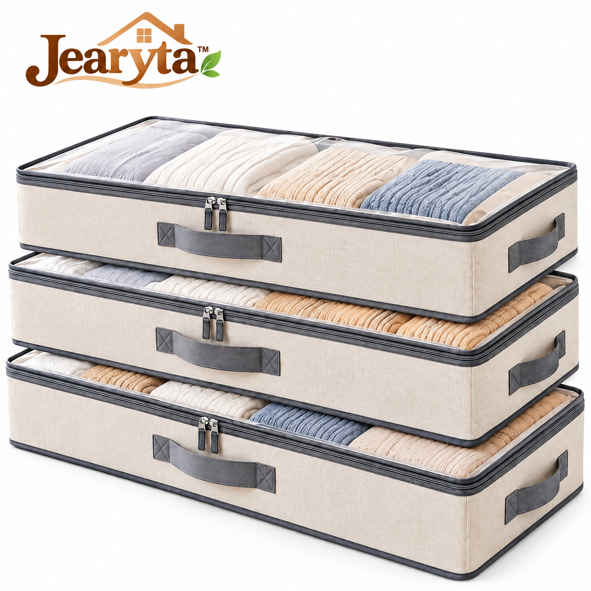 Jearyta™ Under Bed Storage Organizer Bags – Low-Profile Zippered Fabric Storage Containers with Clear Viewing Windows and Carry Handles for Blankets, Bedding, Sweaters & Seasonal Clothing