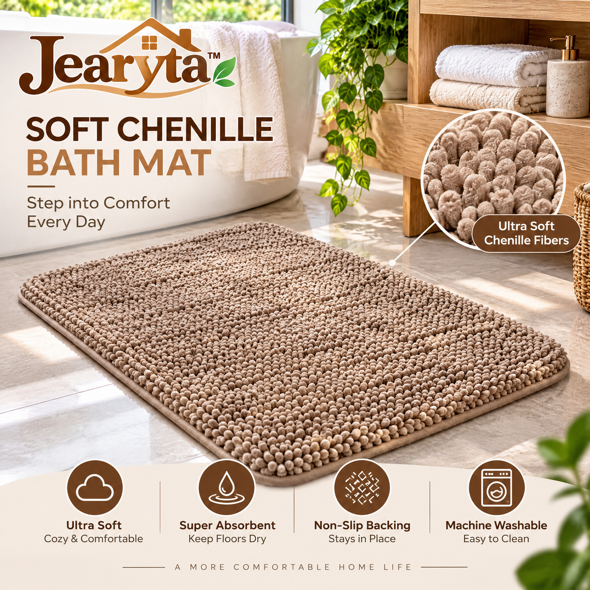 Jearyta™ Plush Chenille-Style Bathroom Bath Mat – Soft Textured Rectangular Floor Rug for Bathtubs, Showers, Bathroom Vanities & Cozy Spa-Inspired Home Décor