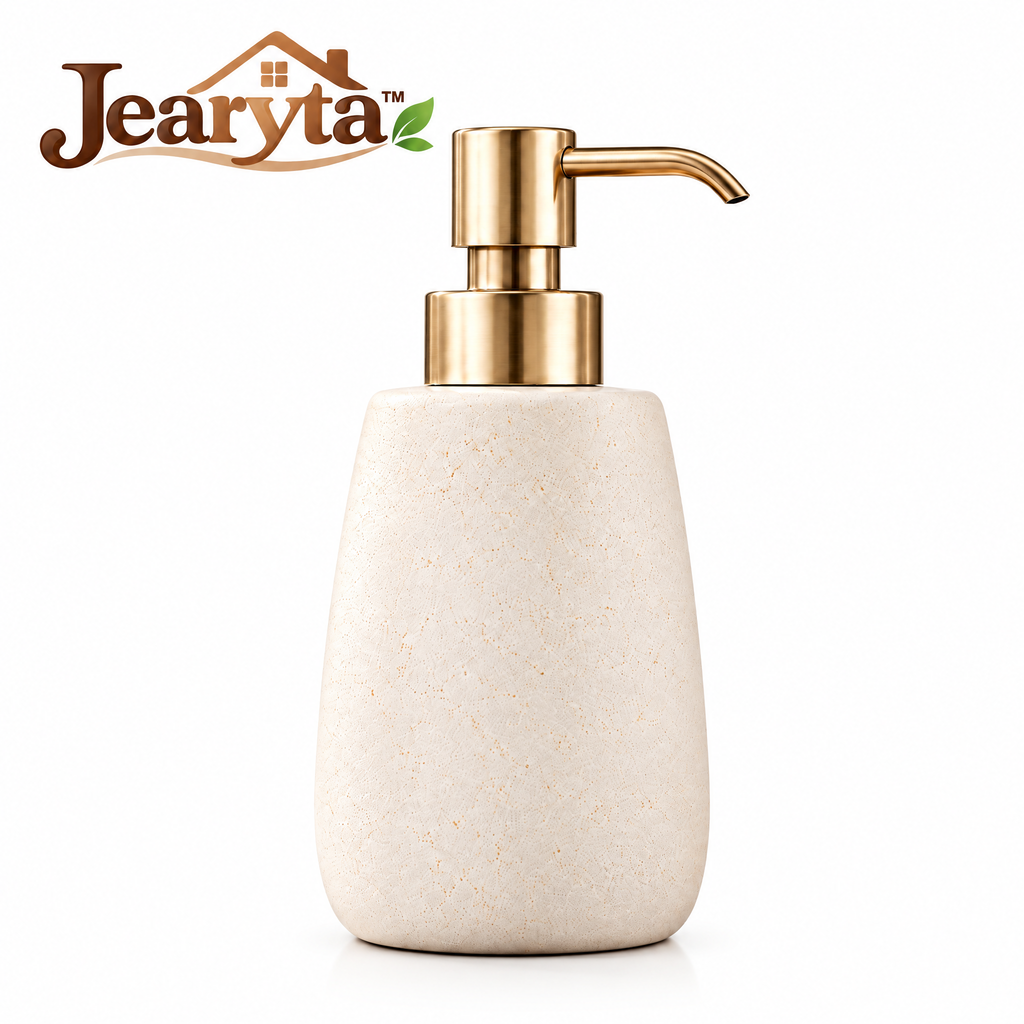 Jearyta™ Elegant Ceramic-Look Soap Dispenser – Refillable Decorative Hand Soap & Lotion Pump Bottle with Brushed Gold Finish for Bathroom Vanities, Kitchen Sinks & Modern Home Décor