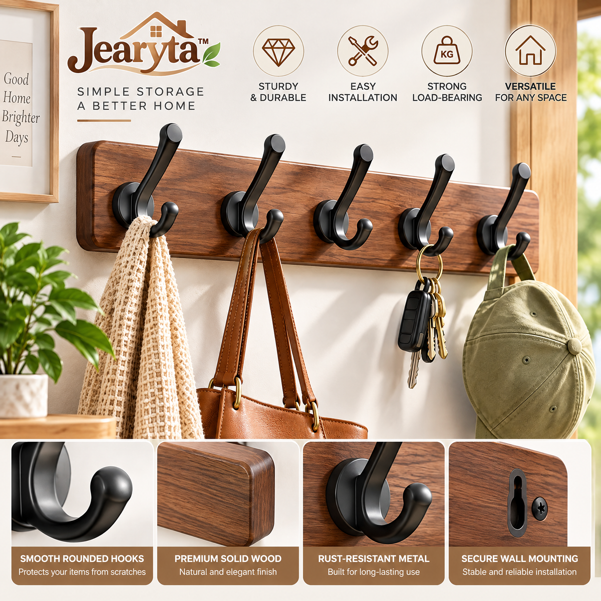 Jearyta™ Wooden Wall-Mounted Coat Hook Rack – Rustic Modern Five Double-Hook Entryway Organizer with Dark Metal Hooks for Jackets, Handbags, Hats, Keys, Towels & Household Accessories